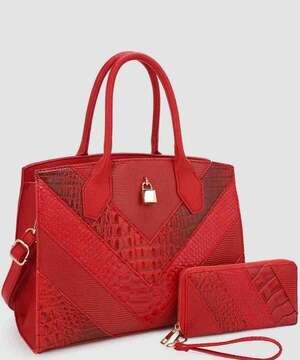 2-in-1 Crocodile Pattern Padlock Accent Satchel Wallet SET - RED